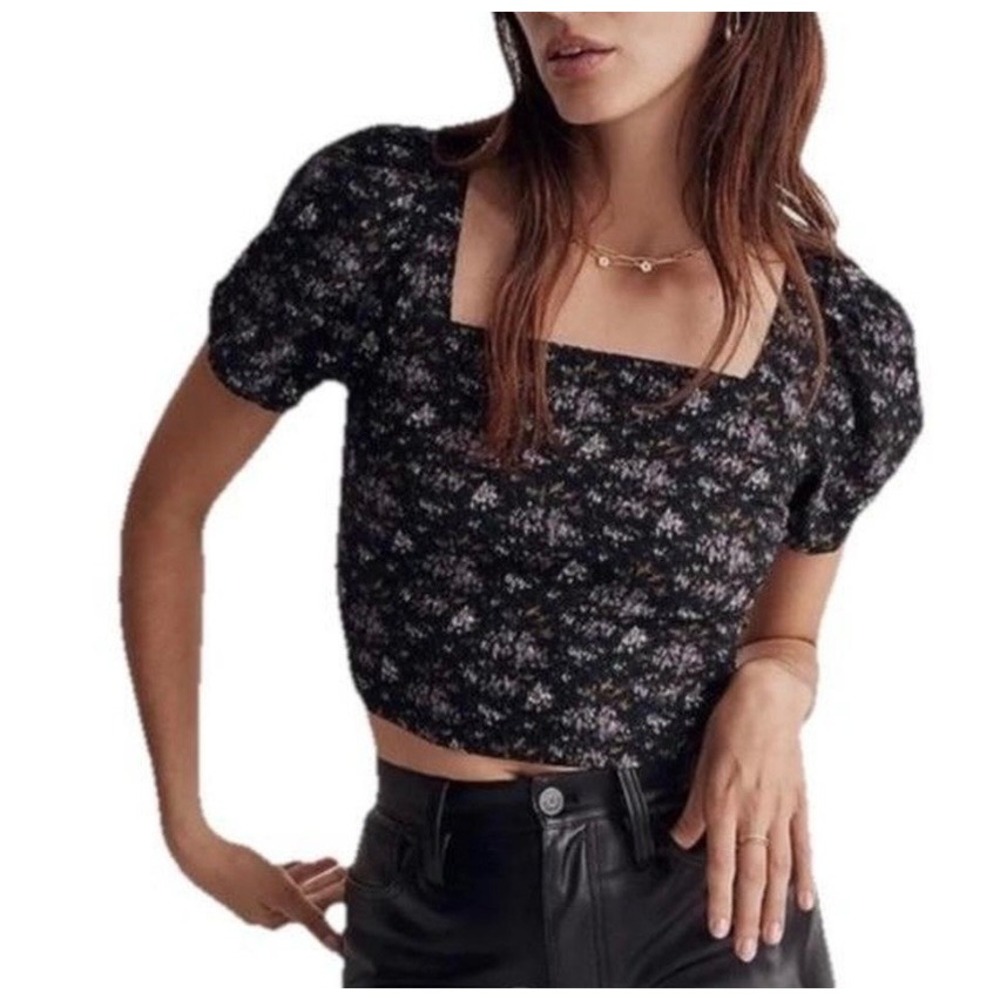 Madewell Womens Floral Square Neck Puff Sleeve Smock Back Crop Top Black L boho